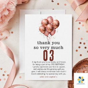 Aquarell Glitter Rosen Gold Ballon 3. Geburtstag Dankeskarte