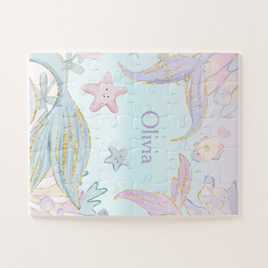 Aquarell Glitzer Meerjungfrau Schwänze unter Wasse Puzzle (Horizontal)