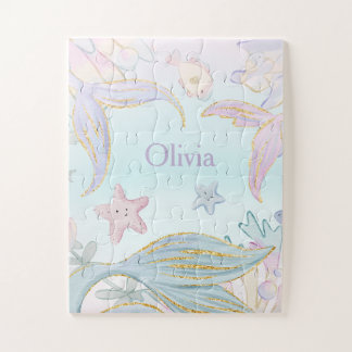 Aquarell Glitzer Meerjungfrau Schwänze unter Wasse Puzzle