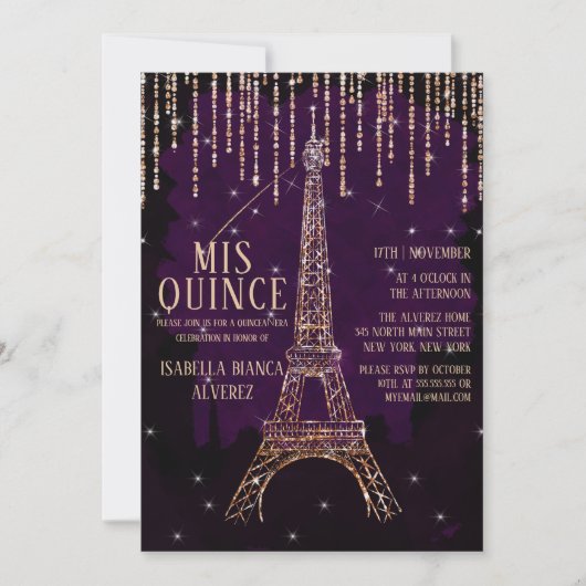 Aquarell Glitzer Paris Eiffel Tower Quinceñera Einladung (Vorderseite)
