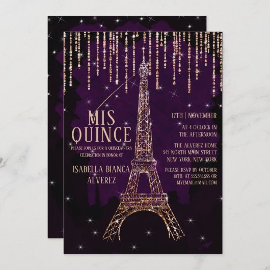 Aquarell Glitzer Paris Eiffel Tower Quinceñera Einladung (Vorne/Hinten)