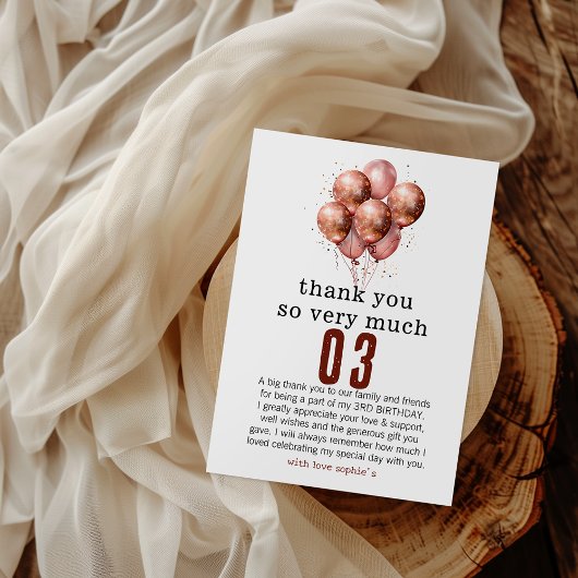 Aquarell Glitzer Rose Goldballon 3. Geburtstag Dankeskarte