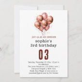 Aquarell Glitzer Rose Goldballon 3. Geburtstag Einladung (Vorderseite)