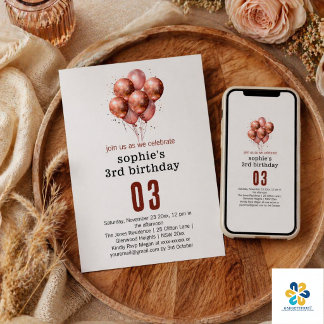 Aquarell Glitzer Rose Goldballon 3. Geburtstag Einladung