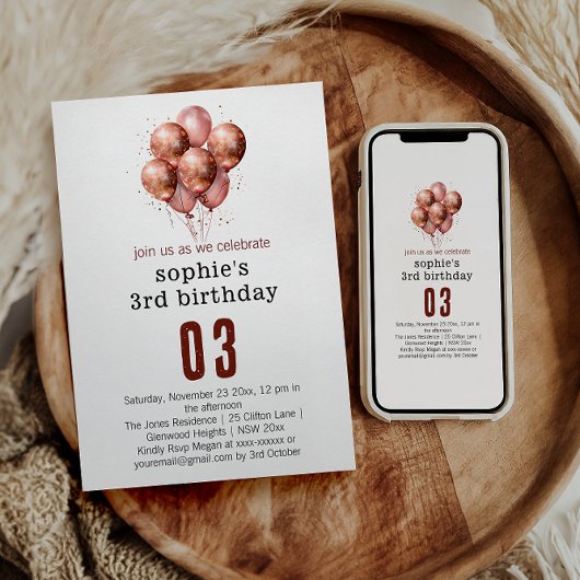 Aquarell Glitzer Rose Goldballon 3. Geburtstag Einladung