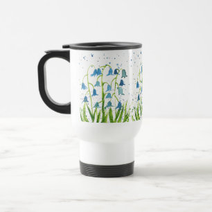 Aquarell-Glockenblumen Blaue Blüten Natur Holz Reisebecher