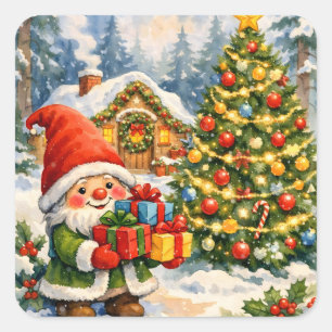 Aquarell-Gnom und Weihnachtsbaum Quadratischer Aufkleber
