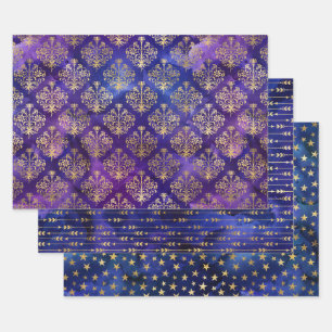 Aquarell Gold Damast & Sternen-Muster Geschenkpapier Set