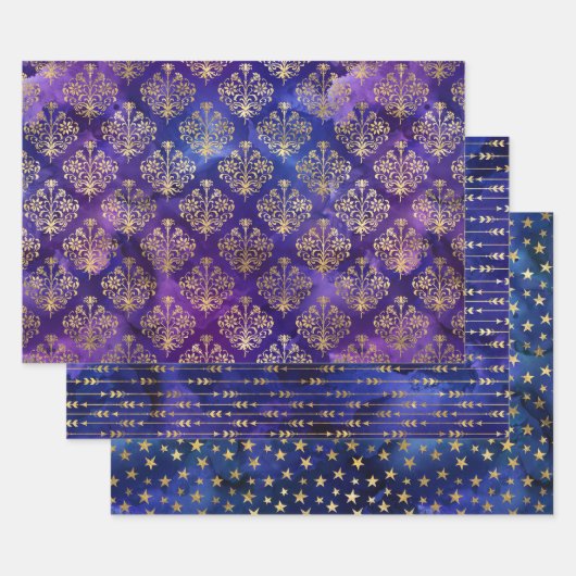 Aquarell Gold Damast & Sternen-Muster Geschenkpapier Set (Set)