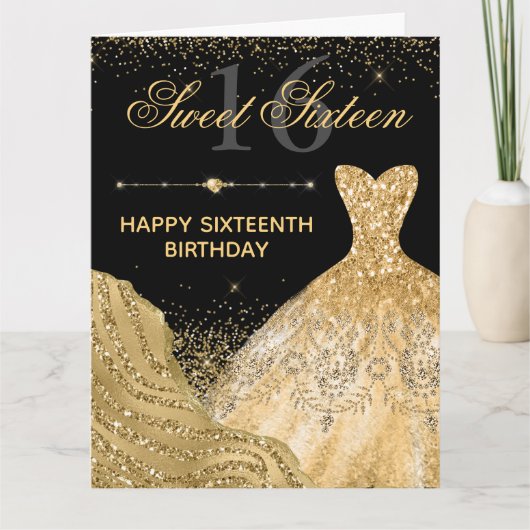 Aquarell Gold Glitzer Kleid Sweet 16 Geburtstag Karte (Vorderseite)