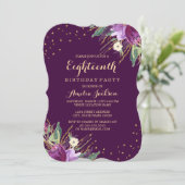 Aquarell Gold Lila Blume 18. Geburtstag Einladung (Stehend Vorderseite)