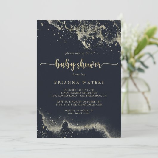 Aquarell Gold Splash Kalligrafie Baby Dusche Einladung (Stehend Vorderseite)