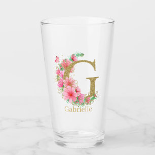 Aquarell Gold und Blumenmonogramm Buchstabe G Glas
