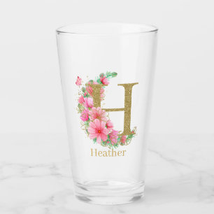 Aquarell-Gold- und Blumenmonogramm Buchstabe H Glas