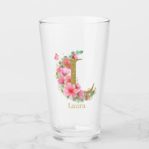 Aquarell Gold und Blumenmonogramm Buchstabe L Glas