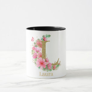 Aquarell-Gold- und Blumenmonogramm Buchstabe L Tasse