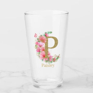 Aquarell-Gold- und Blumenmonogramm Buchstabe P Glas