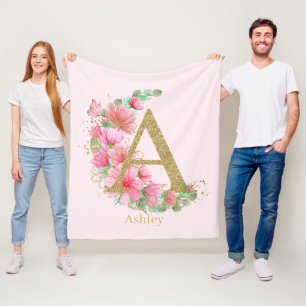 Aquarell-Gold und florales Monogramm Buchstabe A Fleecedecke
