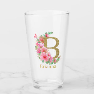 Aquarell Gold und Florales Monogramm Buchstabe B Glas