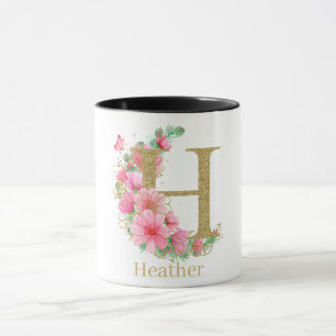 Aquarell-Gold und florales Monogramm Buchstabe H Tasse