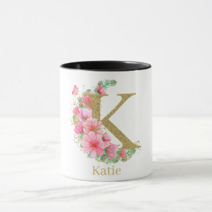 Aquarell-Gold und florales Monogramm Buchstabe K Tasse
