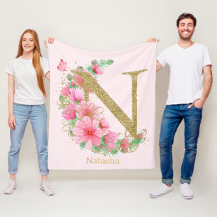 Aquarell-Gold und florales Monogramm Buchstabe N Fleecedecke