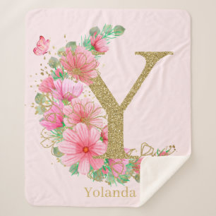 Aquarell-Gold und florales Monogramm Buchstabe Y Sherpadecke