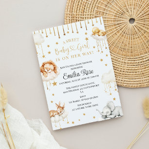 Aquarell Goldene Sterne & Baby-Tiere Baby Mädchen Einladung