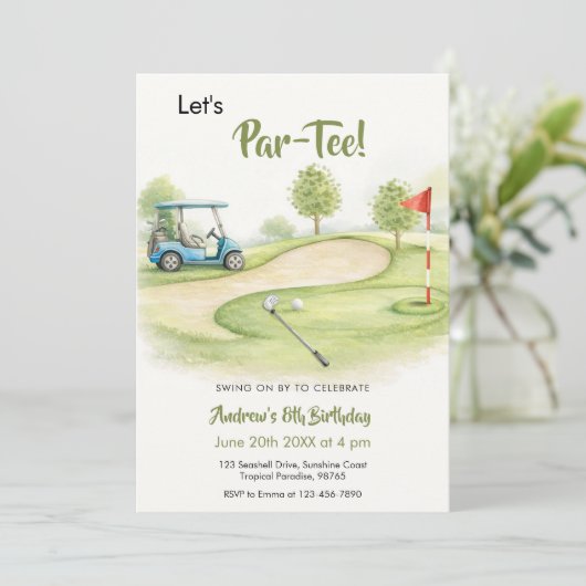 Aquarell Golf Par-Tee Geburtstag Einladung (Stehend Vorderseite)