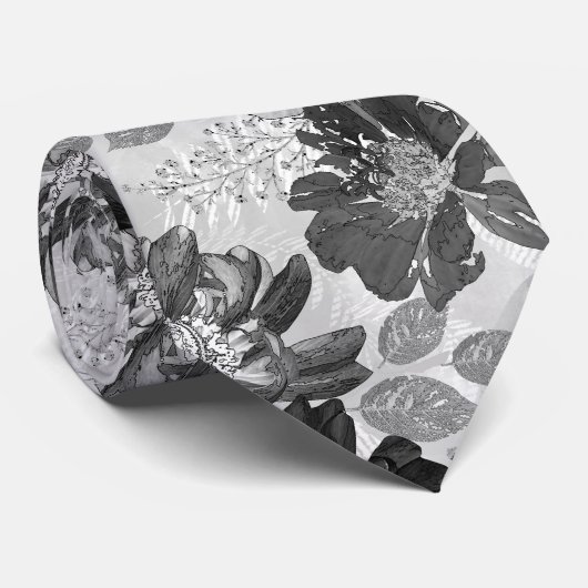 Aquarell Grau, Schwarzes Blumenmuster Krawatte am  (Gerollt)