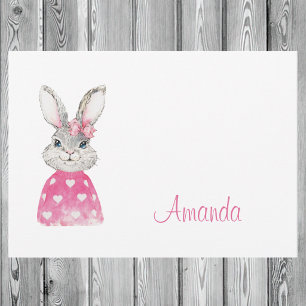 Aquarell Grauer Hase Rosa Schleife Personalisiert  Mitteilungskarte