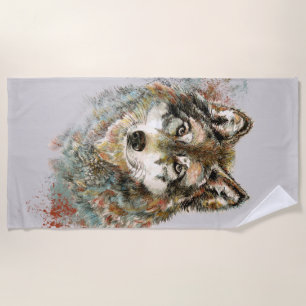 Aquarell Grauer Wolf Landschaft Strandtuch