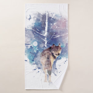 Aquarell Grauer Wolf Wildnis Badhandtuch Set