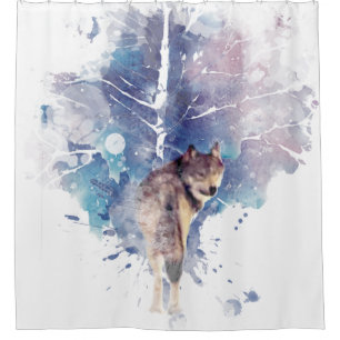Aquarell Grauer Wolf Wildnis Duschvorhang