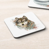Aquarell Grauer Wolf Wildnis Getränkeuntersetzer (Linke Seite)