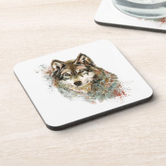 Aquarell Grauer Wolf Wildnis Getränkeuntersetzer (Linke Seite)