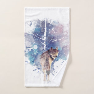 Aquarell Grauer Wolf Wildnis Handtuch