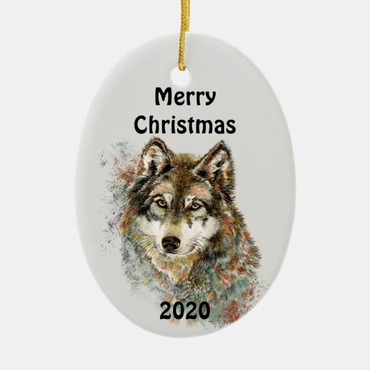 Aquarell Grauer Wolf Wildnis Keramik Ornament (Vorne)