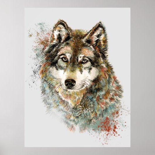 Aquarell Grauer Wolf Wildnis Poster (Vorne)