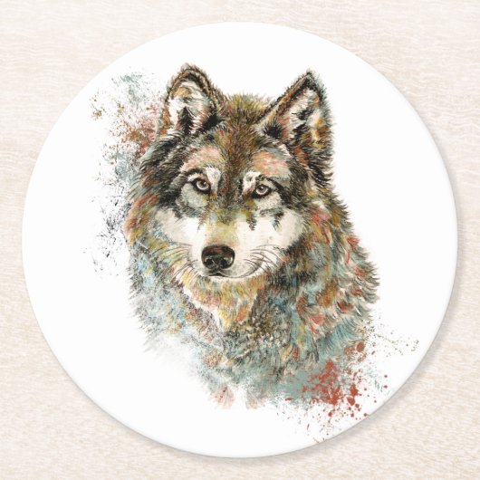 Aquarell Grauer Wolf Wildnis Runder Pappuntersetzer (Vorderseite)