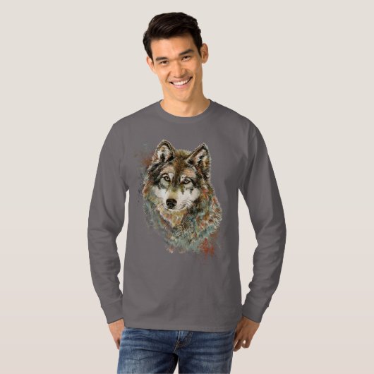 Aquarell Grauer Wolf Wildnis T-Shirt (Vorne ganz)