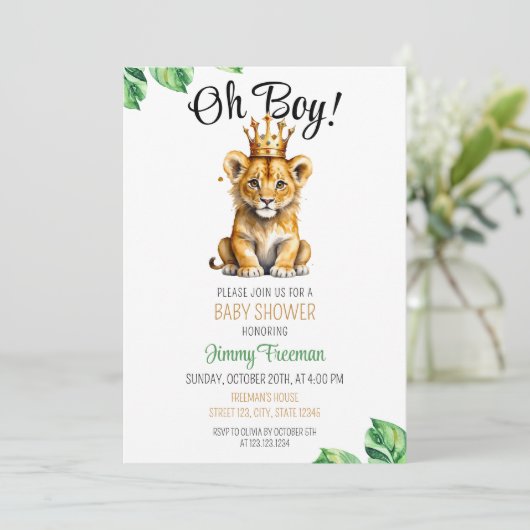 Aquarell Green & Gold Niedlich Lion Baby Dusche Einladung (Stehend Vorderseite)