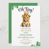 Aquarell Green & Gold Niedlich Lion Baby Dusche Einladung (Vorne/Hinten)