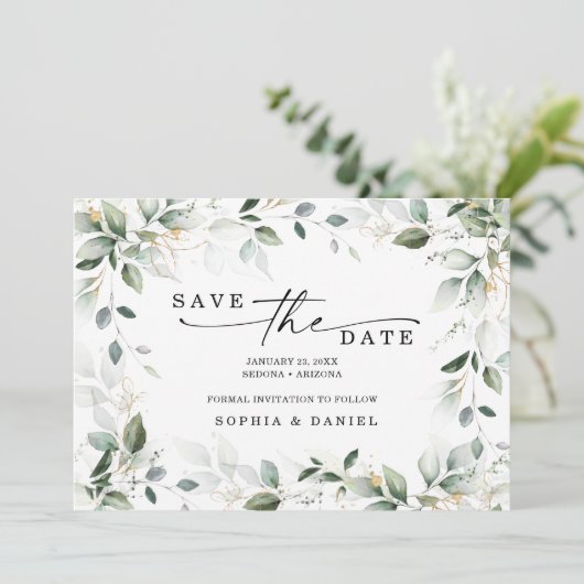Aquarell Greenerity Gold Save the Date Hochzeit (Stehend Vorderseite)
