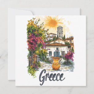 Aquarell Griechenland: Dorfbilder mit Blume Feiertagskarte