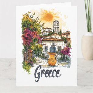 Aquarell Griechenland: Dorfszene mit Blumen Karte