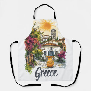 Aquarell Griechenland: Dorfszene mit Blumen Schürze