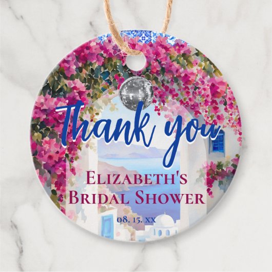 Aquarell Griechisch Pink Blume Blau Fliesen Geschenkanhänger (Vorderseite)