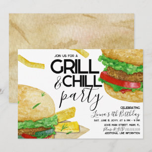Aquarell Grill Burger Pommes Frites Geburtstagsfei Einladung