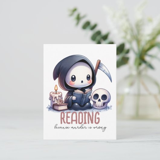 Aquarell Grill Sensenmann Buchhandlung Postkarte (Stehend Vorderseite)